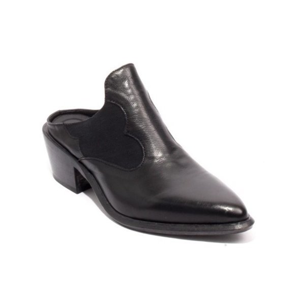 ITALIAN Black Leather Textile Slip On Pointy Mules